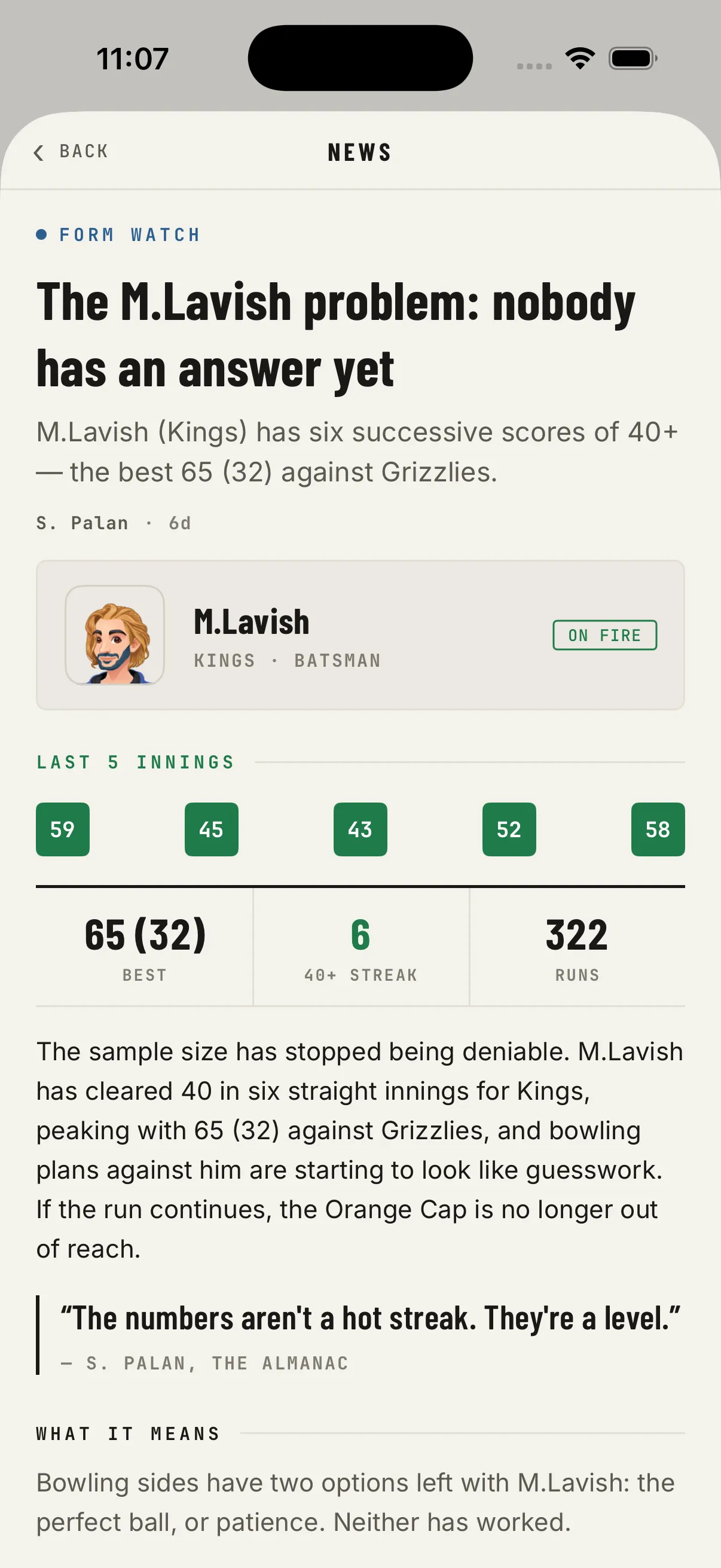 News story on M Lavish and his six-match scoring streak