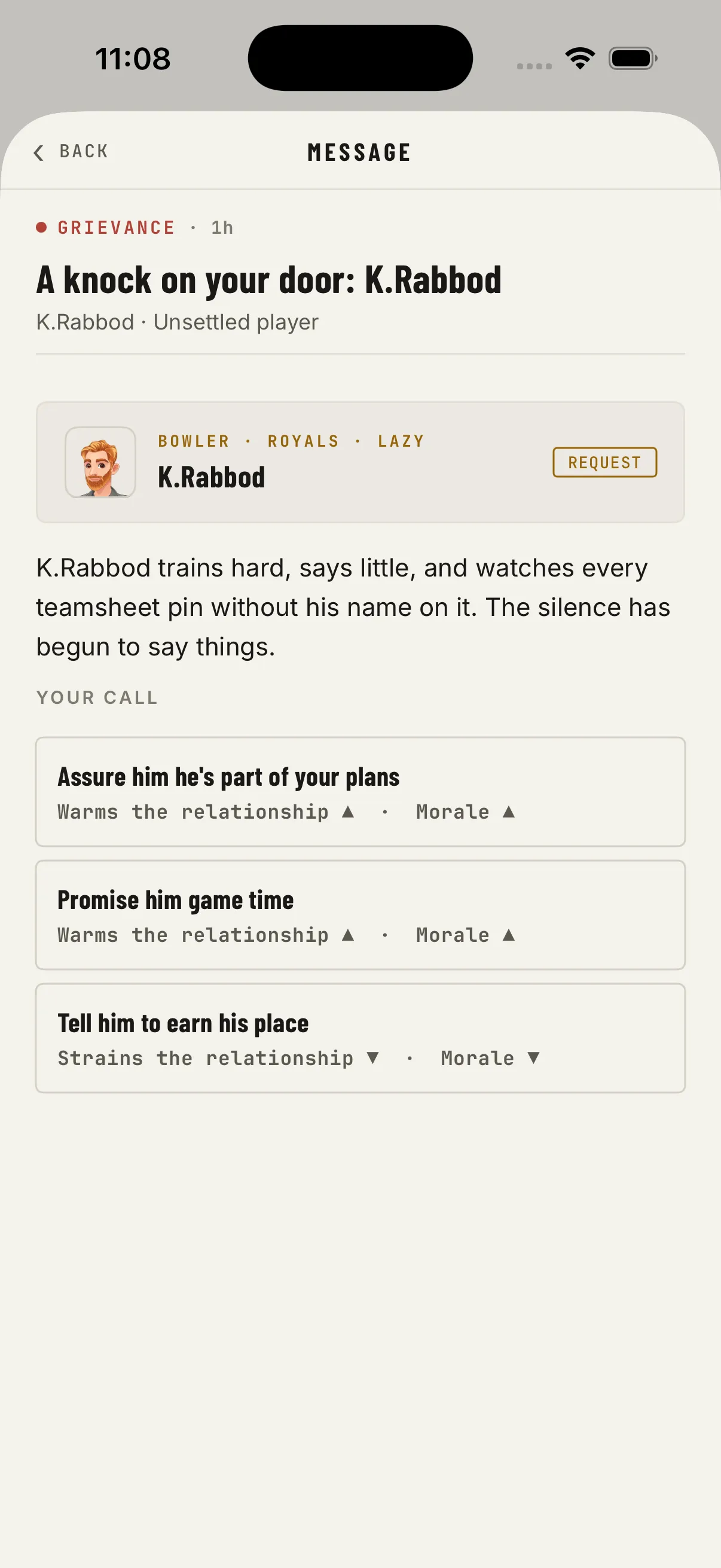 Player grievance screen, K Rabbod requests a meeting