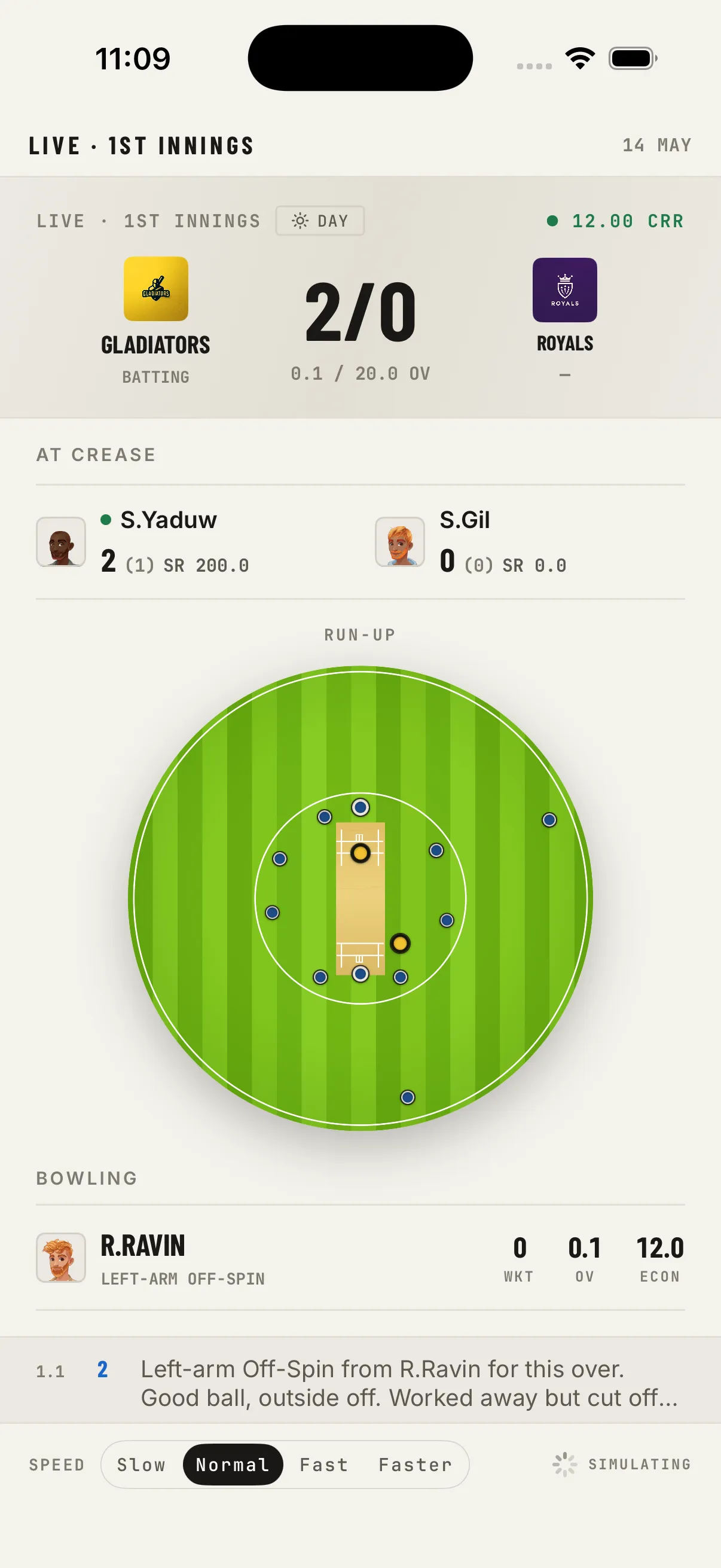 Live match, first innings on the top-down field