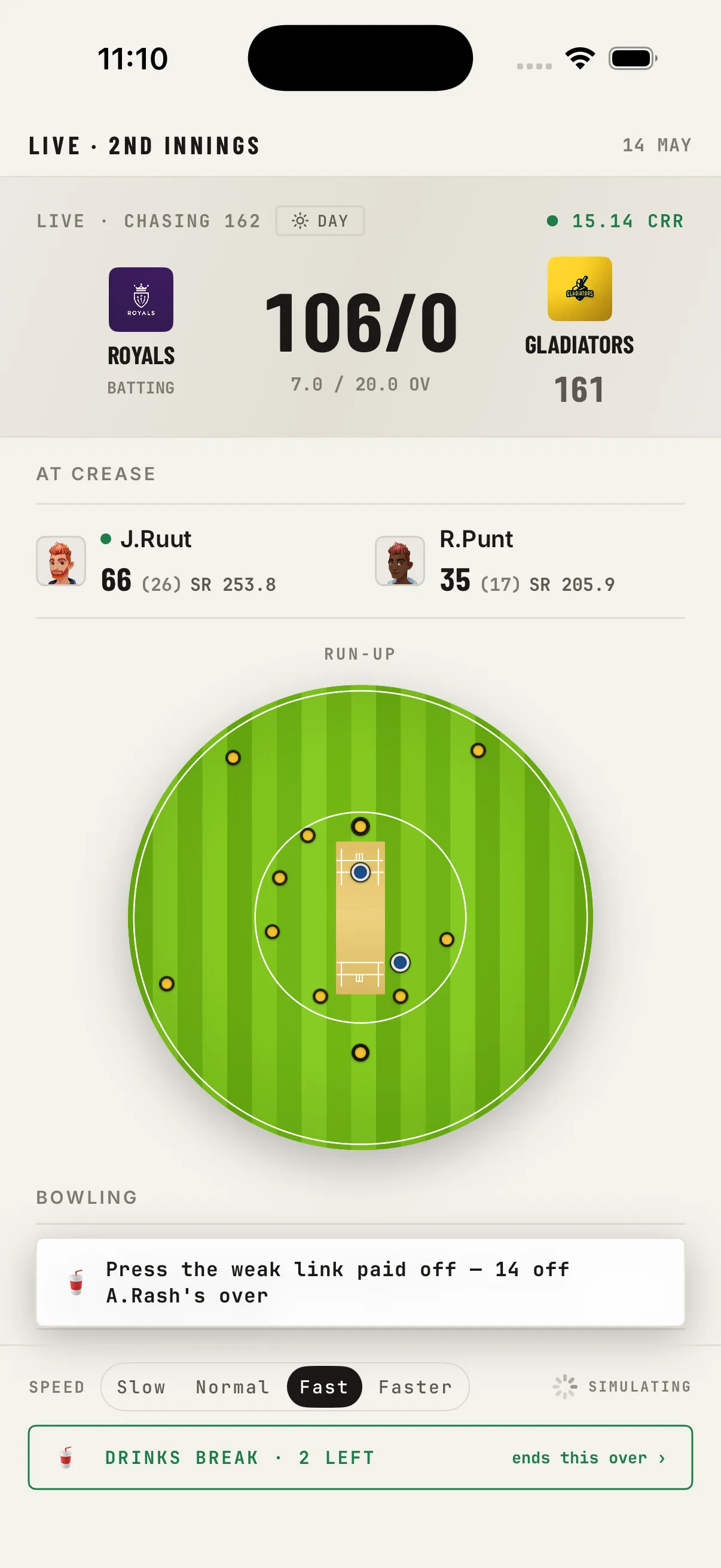 Live chase on the top-down field with Royals 106 for 0